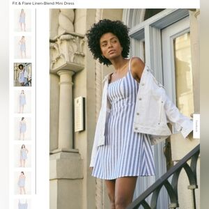 Plus Size 2X New Fit & Flare Linen Blend Mini Dress White & Blue With Pockets